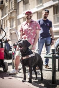 Pinaï, l'air fière pose ses deux pattes avant sur le trottoir pour le signaler à Geoffrey qui est ravi.  Dorian, l'éducateur de Pinaï les surveille d'un œil attentif.