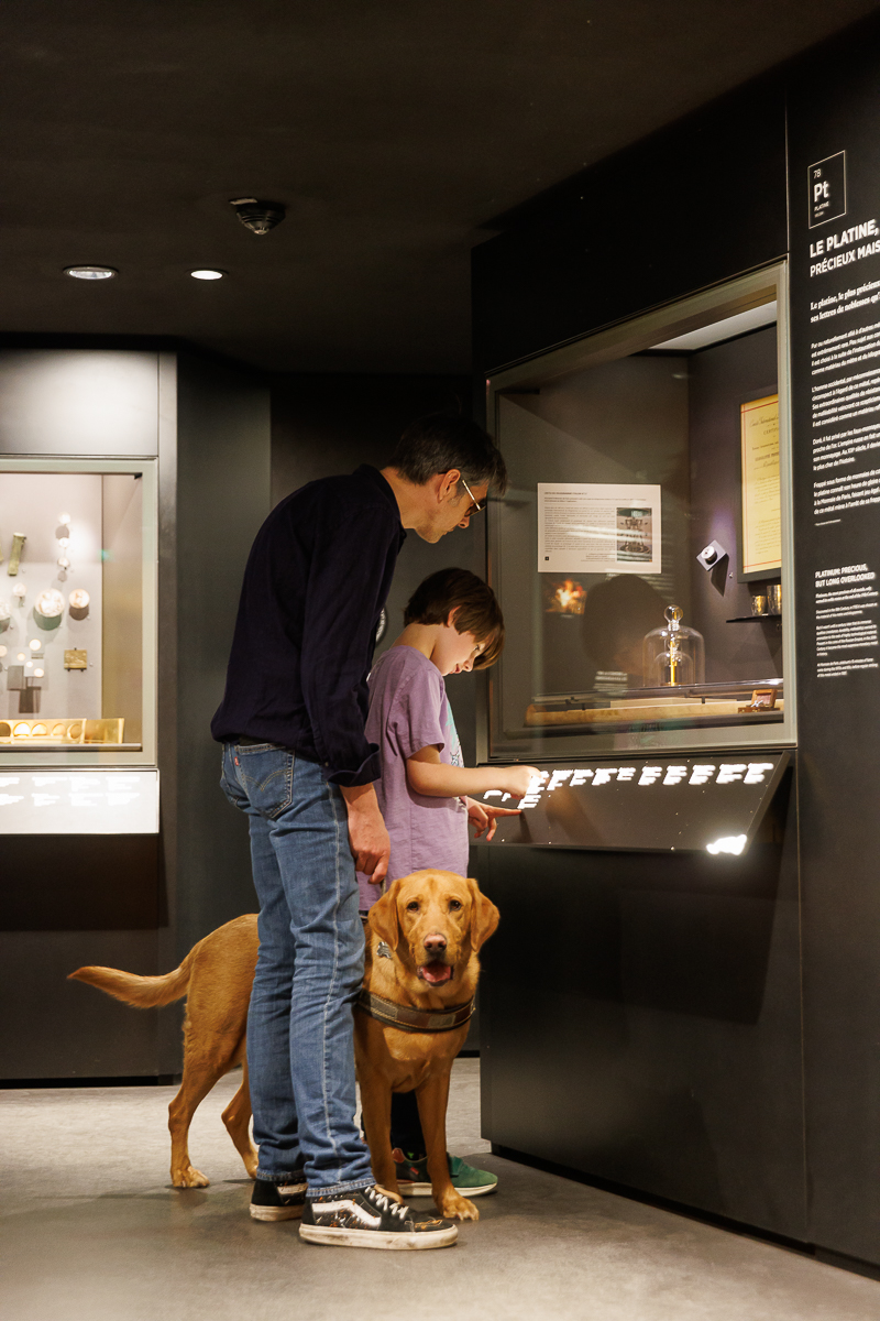 Mathieu, maître de chien guide avec son fils et Nobby, chien guide, au musée