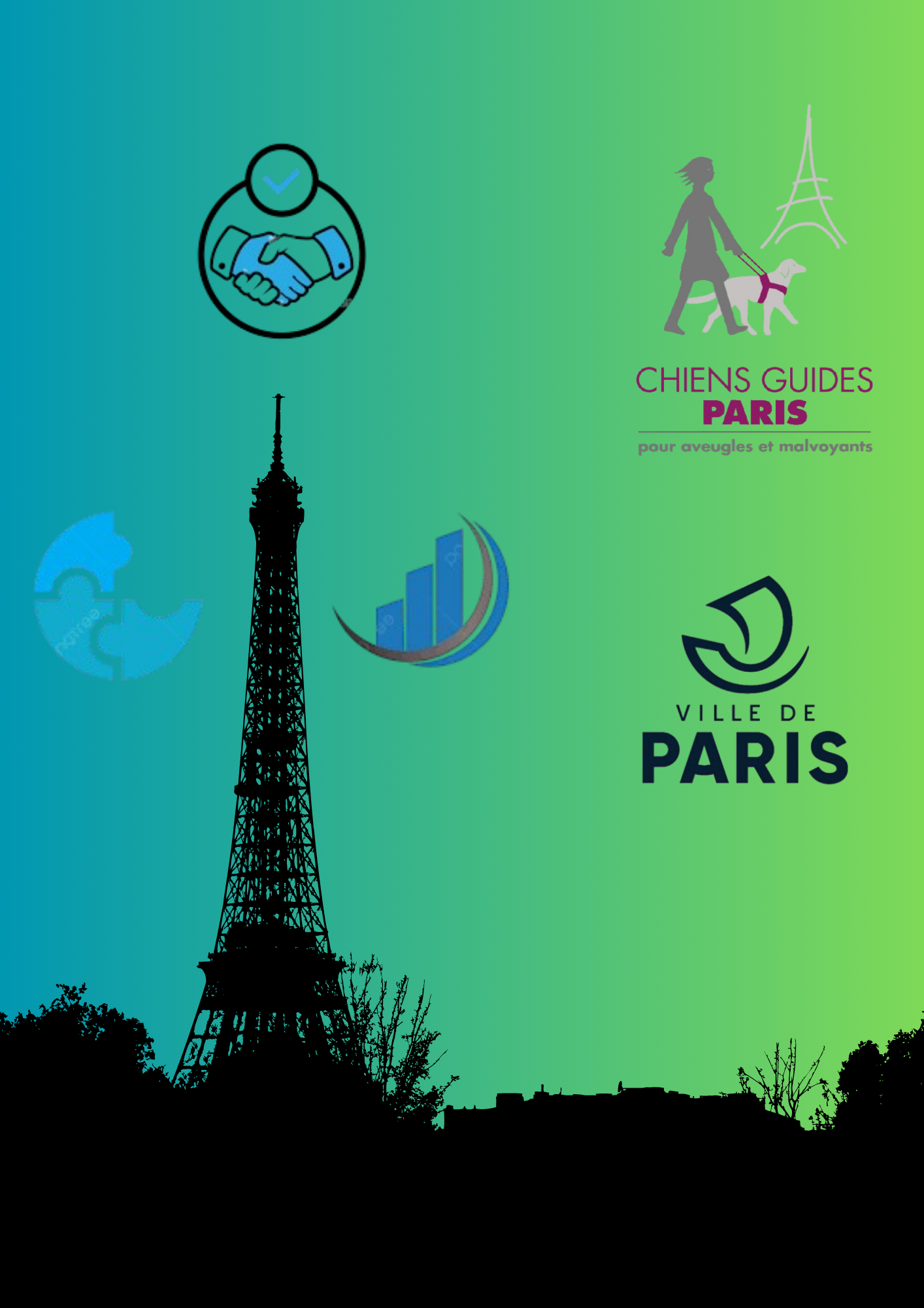 Visuel présentant la Tour Eiffel, avec les logos de la Ville de Paris et de l'École de Chiens Guides de Paris placés à droite de la tour. Des images symbolisant le budget participatif sont disposées autour de la Tour Eiffel. Le fond du visuel est composé de couleurs bleu et vert.